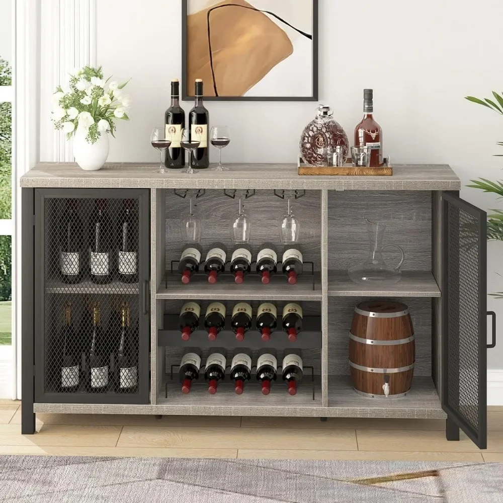 Rustic Liquor Bar Cabinet, Industrial Coffee Wine Cabinet for Liquor and Glasses, Farmhouse Bar for Home Kitchen Living Dining