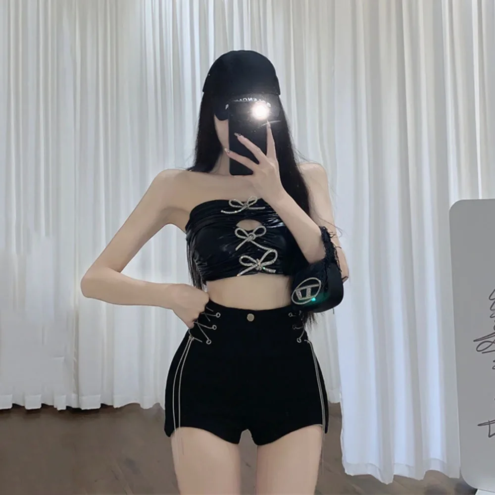 Summer Shorts Personality Chain Lace-up Hot Girl Sexy Shorts Women Black High Waist Short Pants Lady Tight Wash Elastic Casual