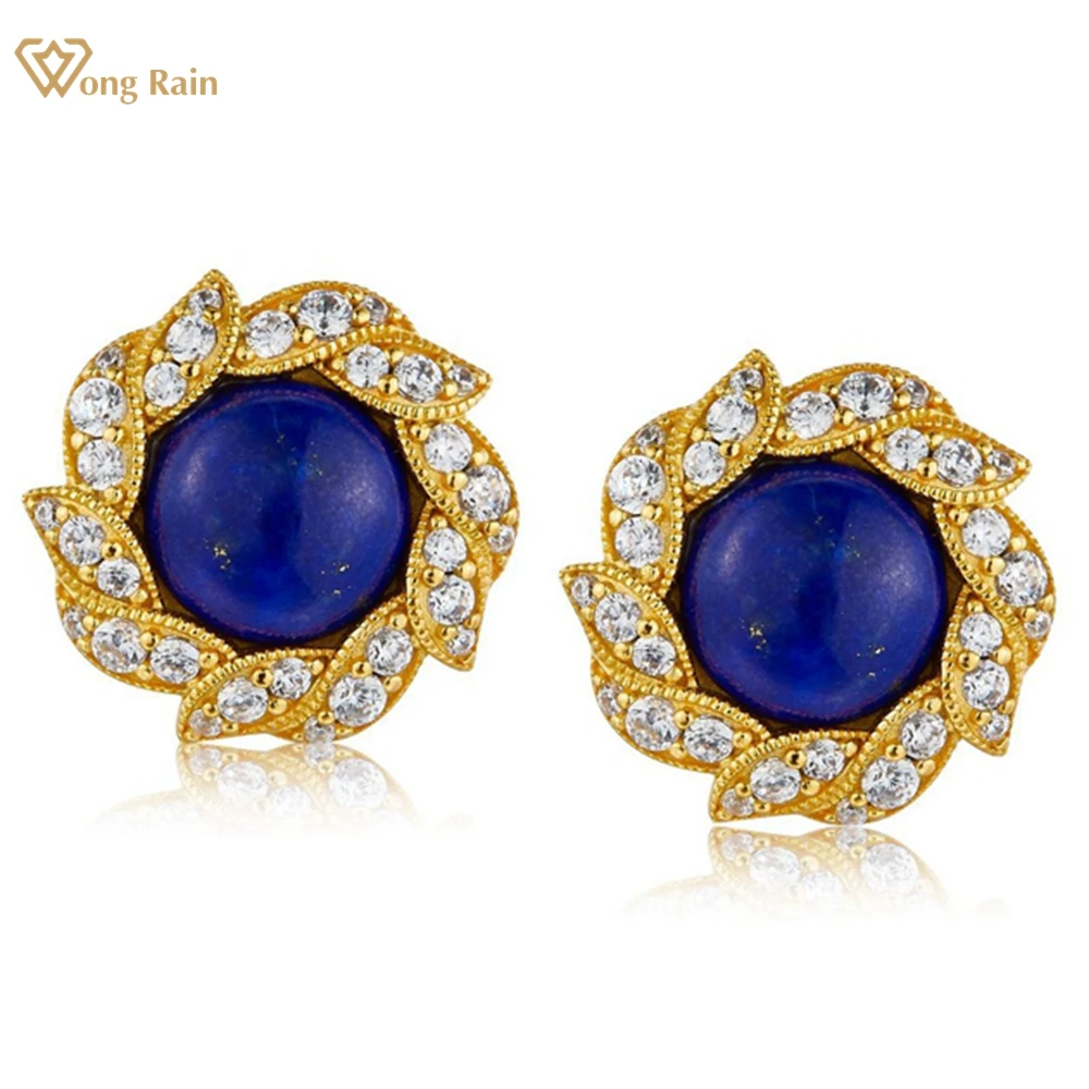 

Wong Rain Vintage 18K Gold Plated 925 Sterling Silver Natural lapis lazuli Gemstone Fine Ear Studs Earrings for Women Jewelry