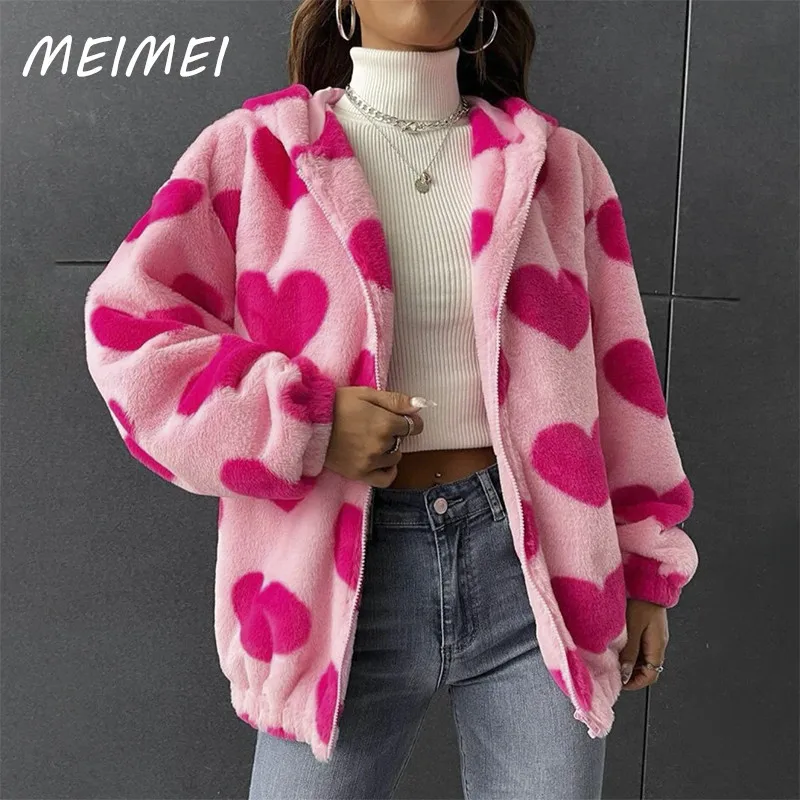

Women's Heart-shaped Printed Plush Hooded Women Long Sleeve Loose Zip Up Jackets Y2k Fashion Hoodies Streetwear Coat 2023 Autumn
