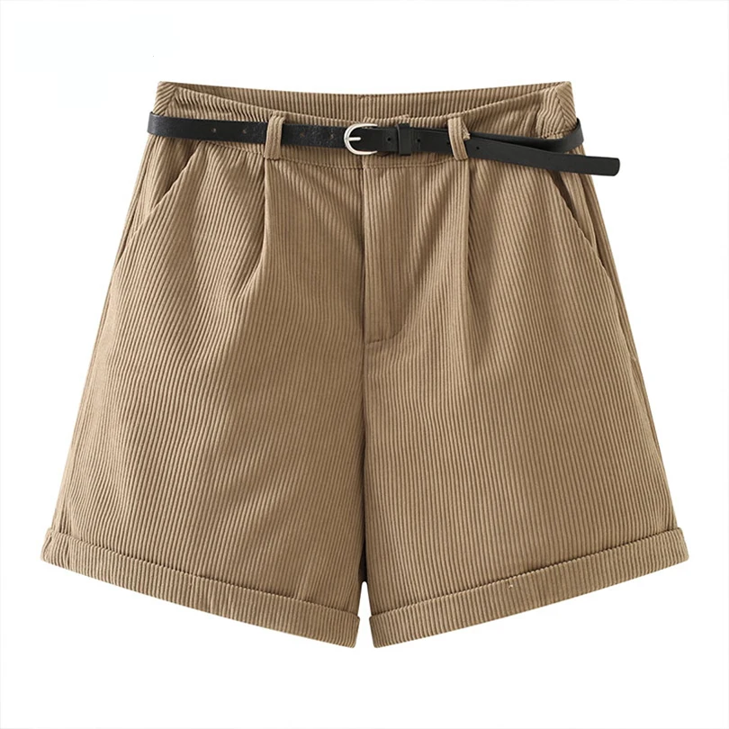 

Corduroy shorts for women's autumn and winter Khaki small men loose high waist slim straight a-line pants