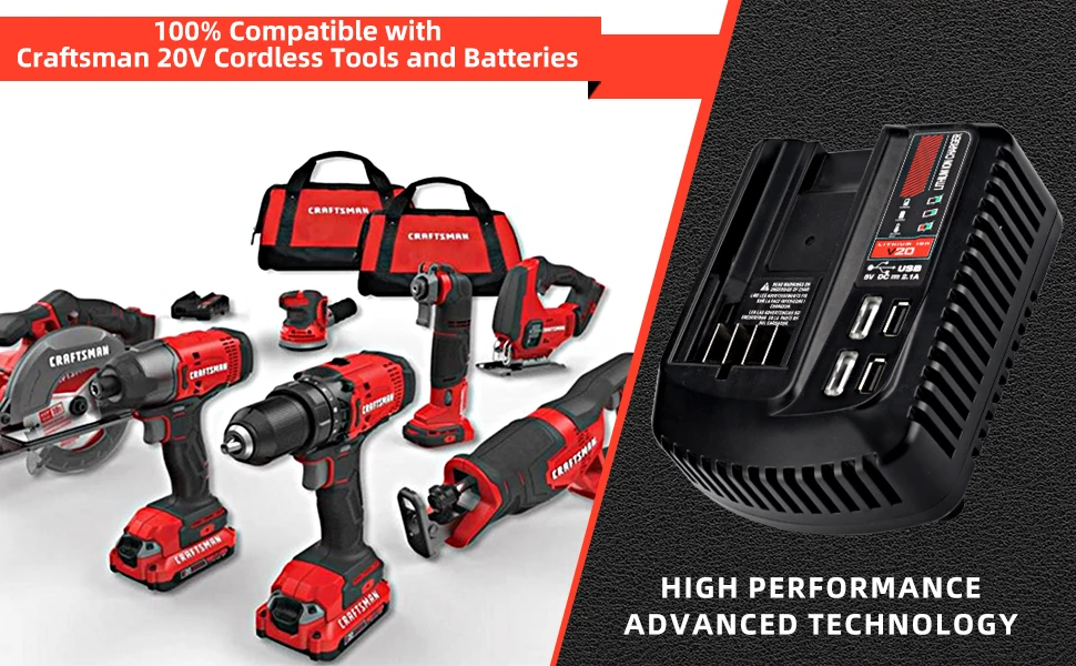 For Craftsman Li-ion Lithium Battery 18V 20V Fast Charger With Dual USB Port For