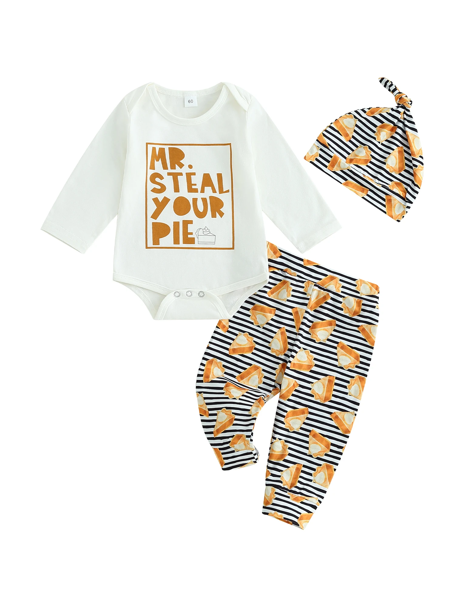 

Cute Halloween Costume for Infants Pumpkin Print Sweater Romper with Matching Pants Headband and Hat - Perfect Fall Outfit