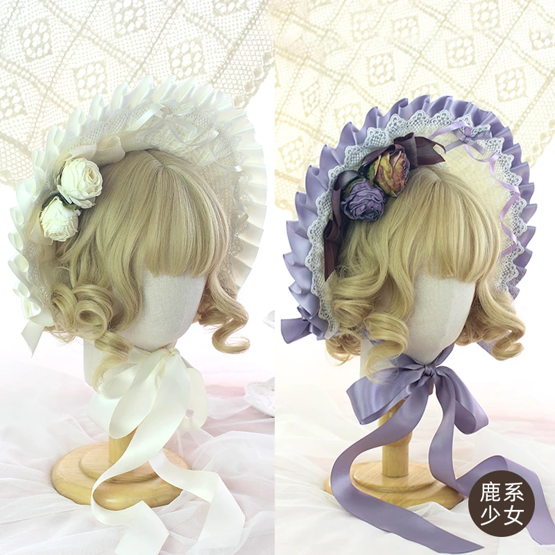 

Pastoral Style Straw Hat Lolita Girl Lace Bowknot Bonnet Flat hat Hanayome Tea Party Gorgeous Cap Fairy All-match Gentle Women