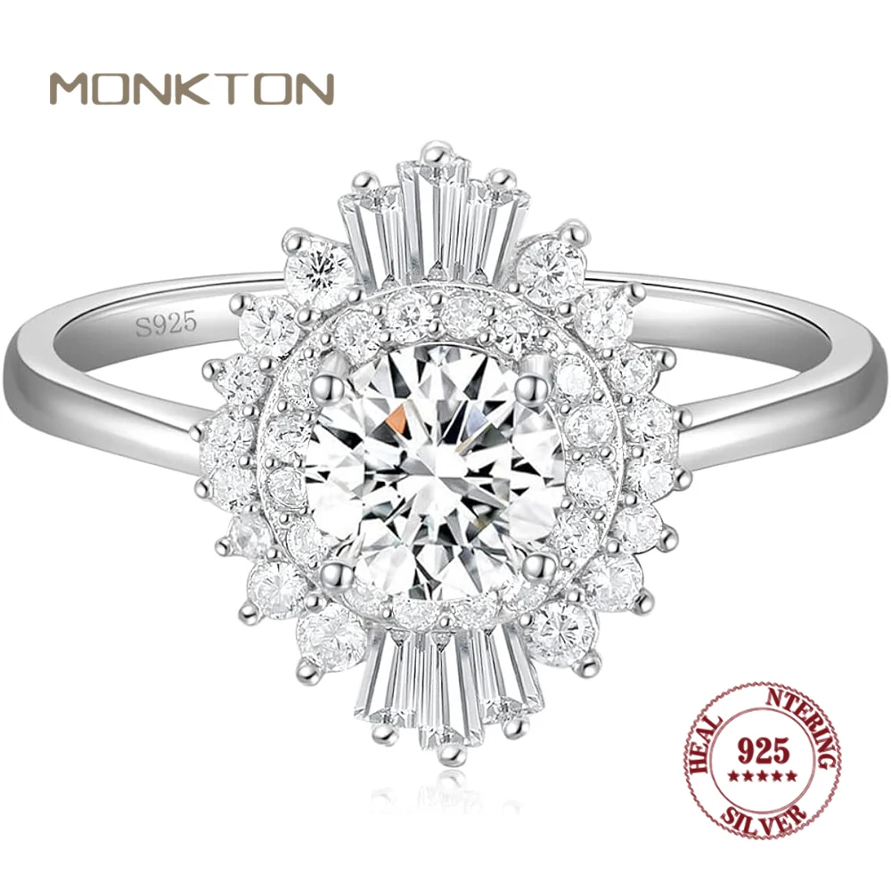 

Monkton 100% 925 Sterling Silver Engagement Rings for Women Round Cut 3ct Cubic Zirconia Halo CZ Wedding Band Promise Rings