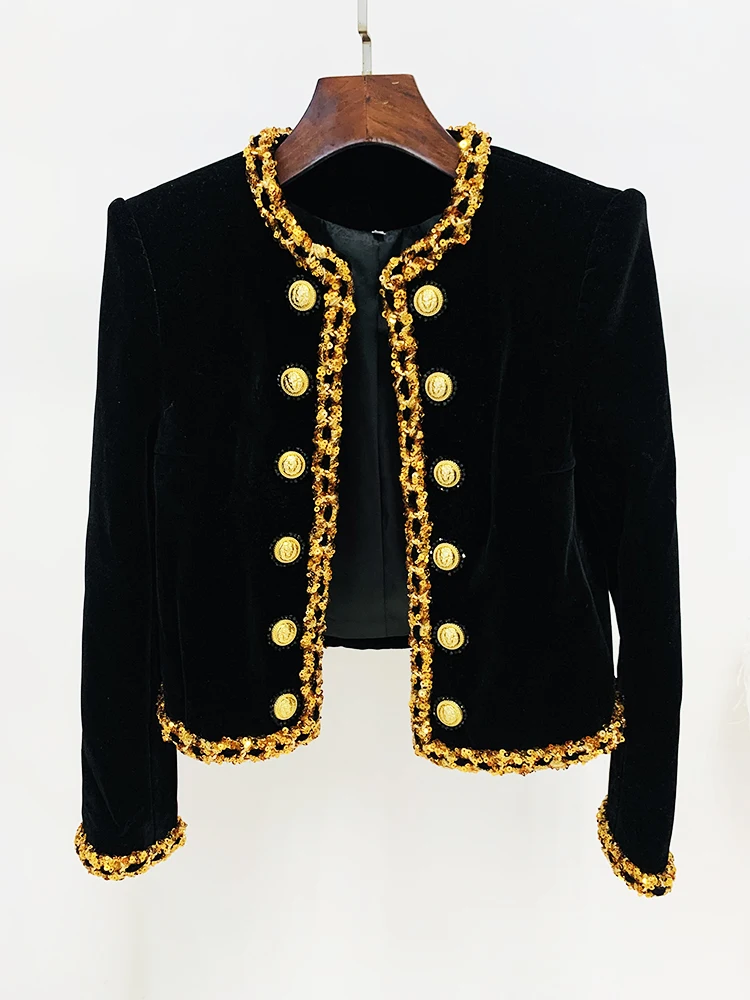 

HIGH STREET Newest Fashion 2024 Designer Women's Sequined Chain Beaded Lion Buttons Velvet Jacket