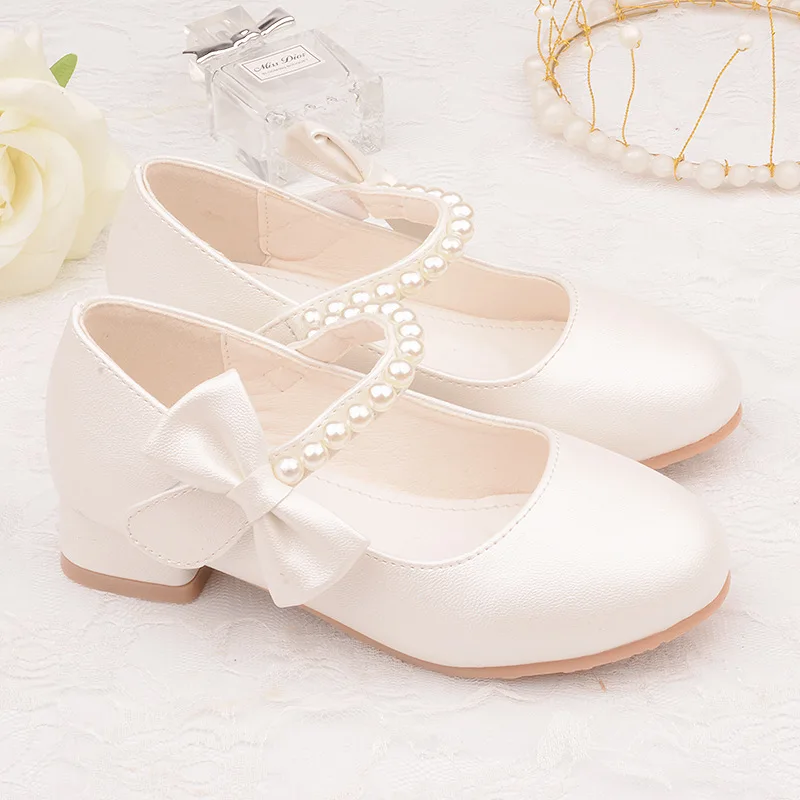 White Bow Spring and Autumn Girls High Heel Princess Shoes Pearl Tide Pumps girls high heel shoes