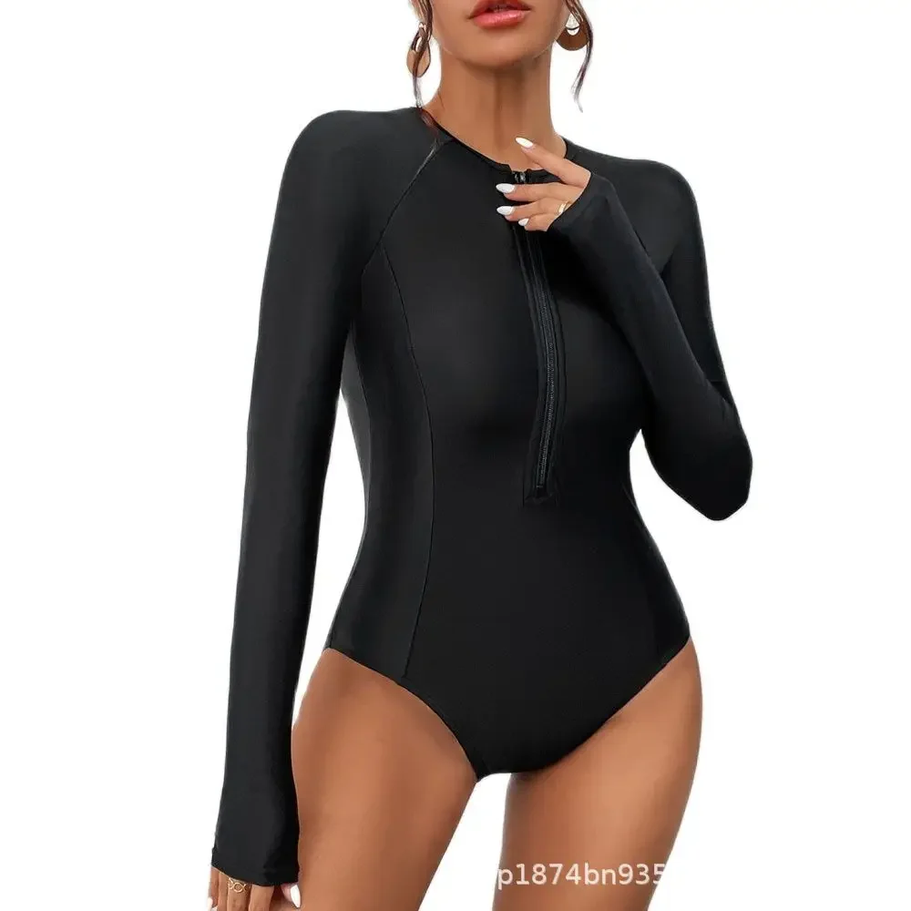 New Black Long Sleeve Swimwear Sports One-Piece Swimsuits Closed Surfing Bodysuit Women's Swim Bath Bathing Suit Beachwear Pool one piece swimsuit women swimsuit