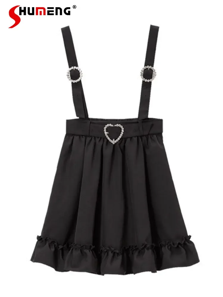 Japanese Lolita Woman Dearmylove Short Suspender Skirt Student 2023 Spring Sweet Solid Color Elastic Waist Ruffles Skirts Women women s spring summer 2023 new casual square neck thick strap above knee button pocket wide leg textured suspender romper