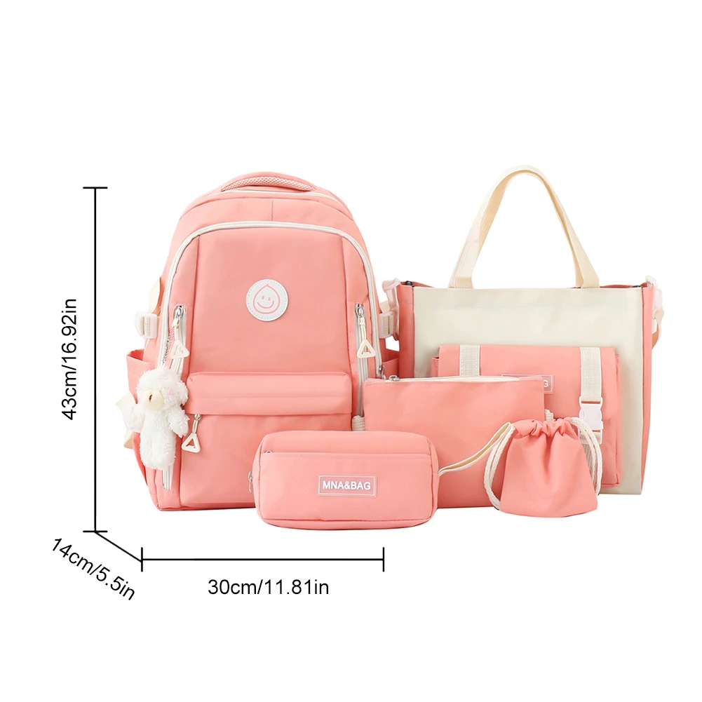 5pcs Backpack Combo Set Large Capacity Shoulder Pack Set Canvas with Pendant Soft for Primary Middle School Students