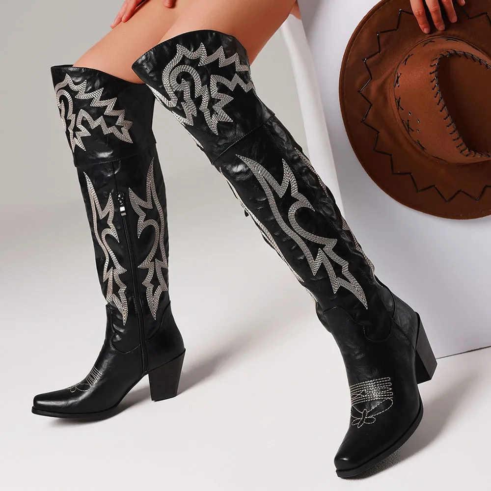 Women Over The Knee Cowboy Boots with Chunky Heels