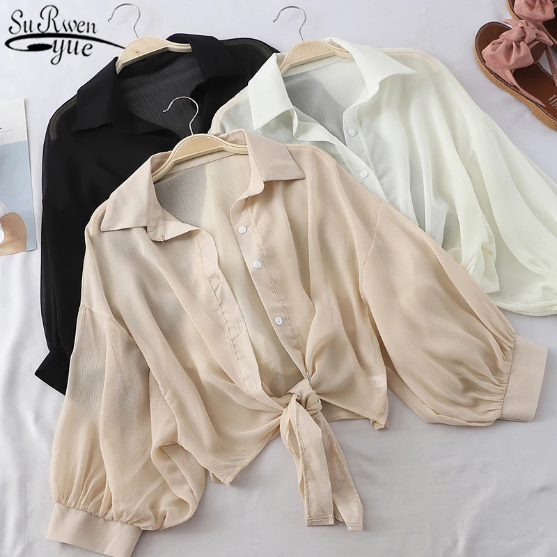 

Loose Casual Blouse Tied Waist Elegant Blouses for Women 2021 Summer New Half Sleeve Buttoned Up Shirt Chiffon Shirts Women 9776