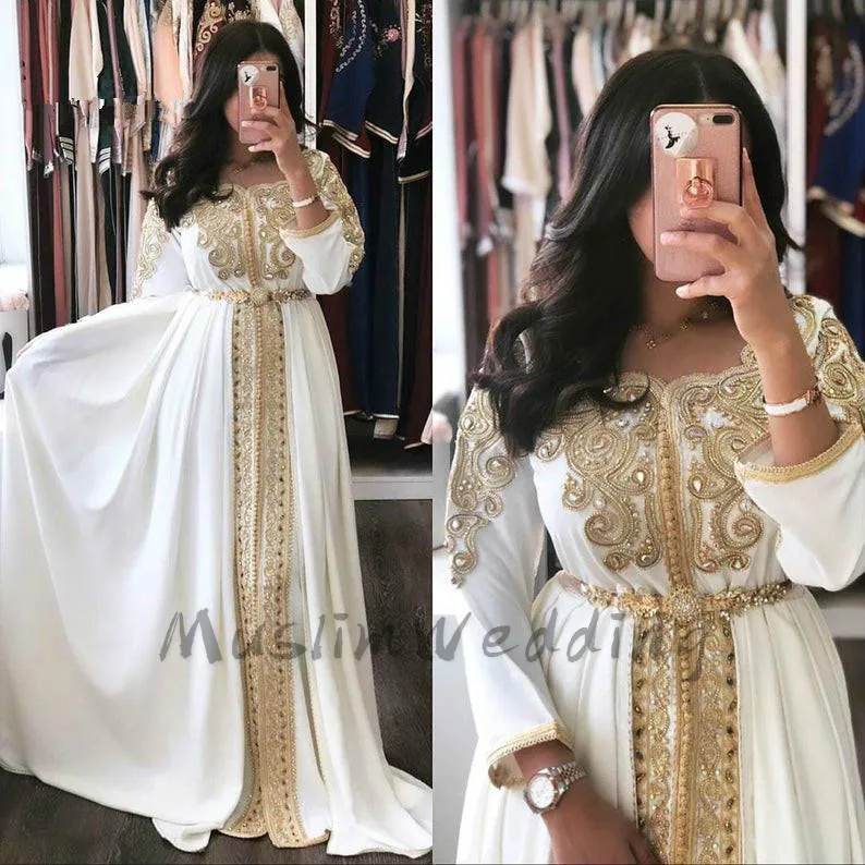 Caftan Morrocan White Prom Dresses With Gold Appliques Long Sleeve Beaded Dubai Abaya Evening Dress Plus Size Formal Customized 1