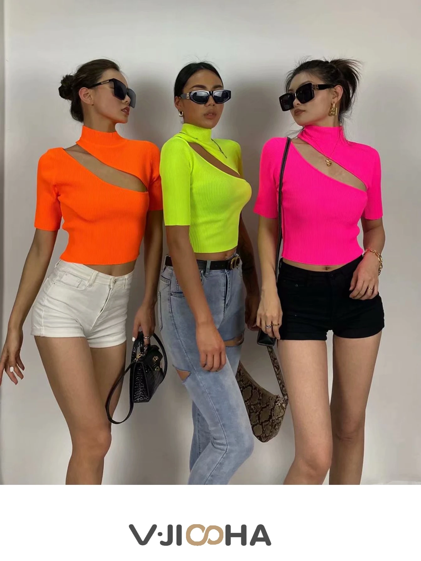 

Women's T-Shirt Fluorescent Hollow Turtleneck Slim Fit Short Sleeve Knit T-Shirt Asymmetric Sexy Stretch Cropped Top