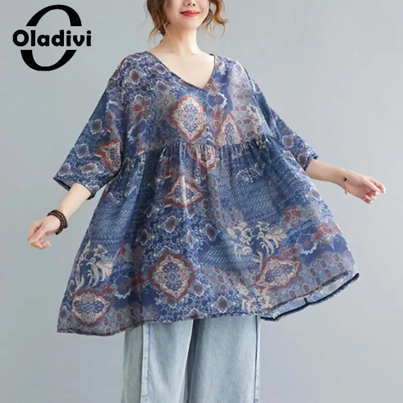 

Блузка Oladivi женская с коротким рукавом, модная Повседневная Свободная рубашка-оверсайз с принтом, туника, 2023, лето 1811