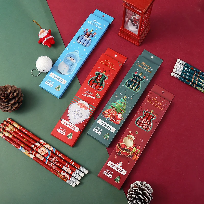 

6Pcs/set Christmas Pencils with Erasers Stationery Set Art Sketch Painting Drawing Writing Tool Students School Supplies