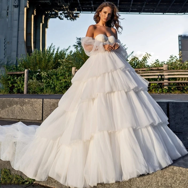 

Beautiful Wedding Dresses A-Line Elegant Bridal Gowns Tulle Ruffle Sexy Robes Strapless Backless Floor Length Vestidos De Novia