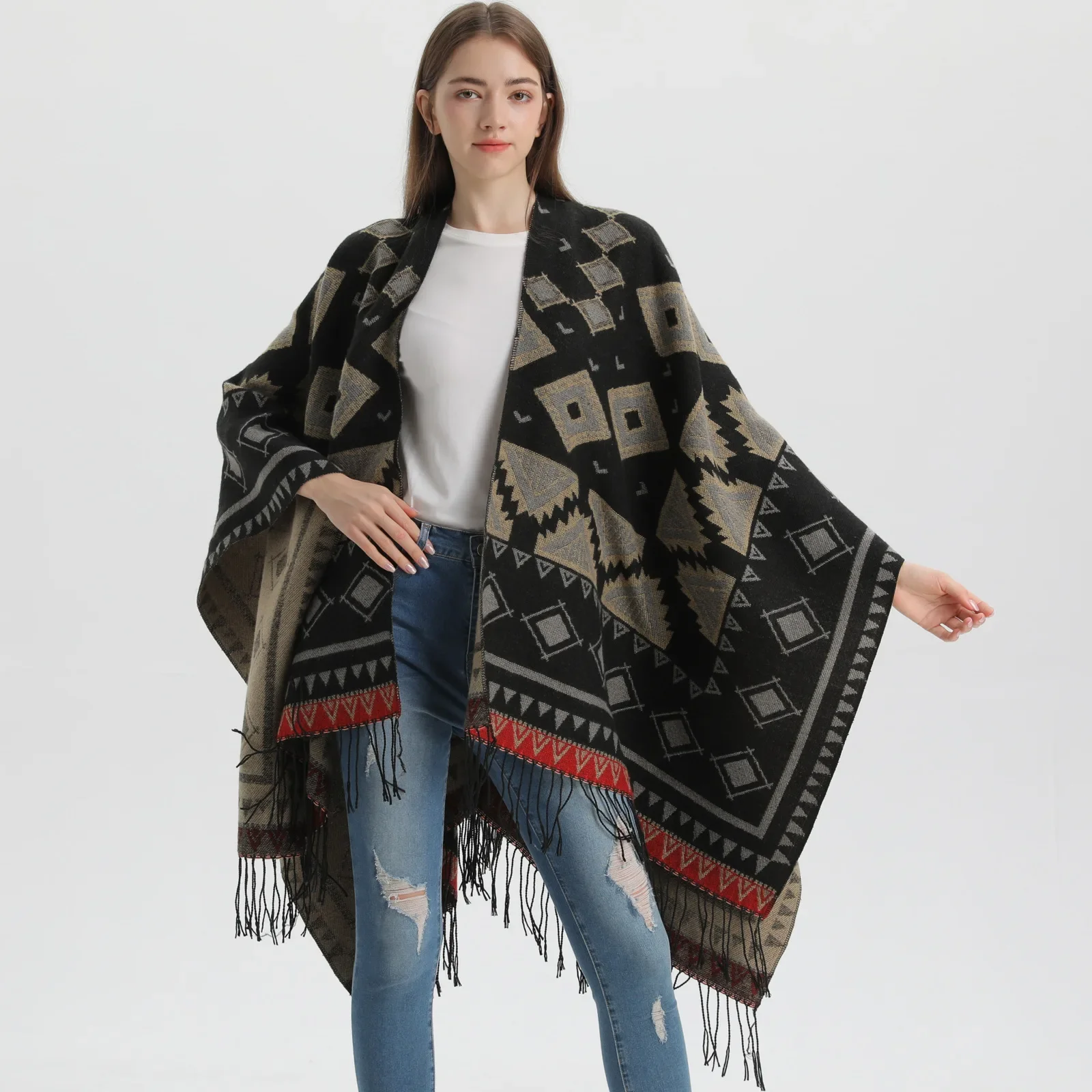 

2023 New Women Ladies Tassel Spliced Cape Coat Fringe Poncho Oblique V-collar Coat Bohemian Shawl Scarf Open Stitch T240