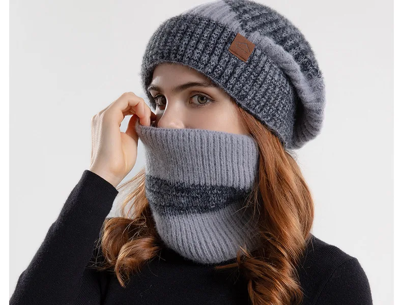 Winter Beanies Snood Sets Two Color Knitted Hat Female Casual Outdoor Balaclava Thicken Soft Warm Fur Scarf Cap Hats For_voghion.com