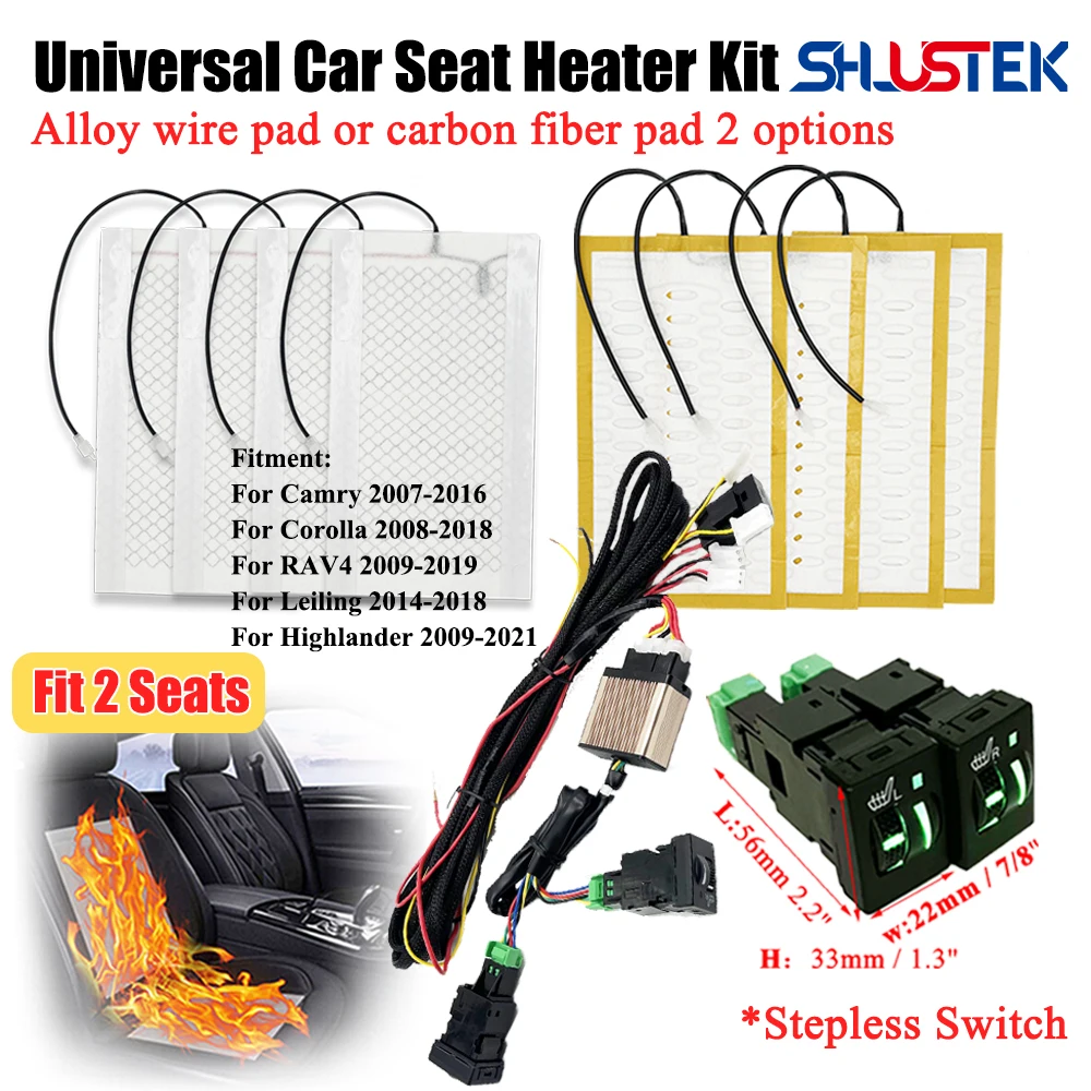 12V Car Seat Heater Kit for 2 Seats with 4pcs 25W Heating Pad & Dual Control Switch For Toyota Camry Corolla RVA4 Highlander