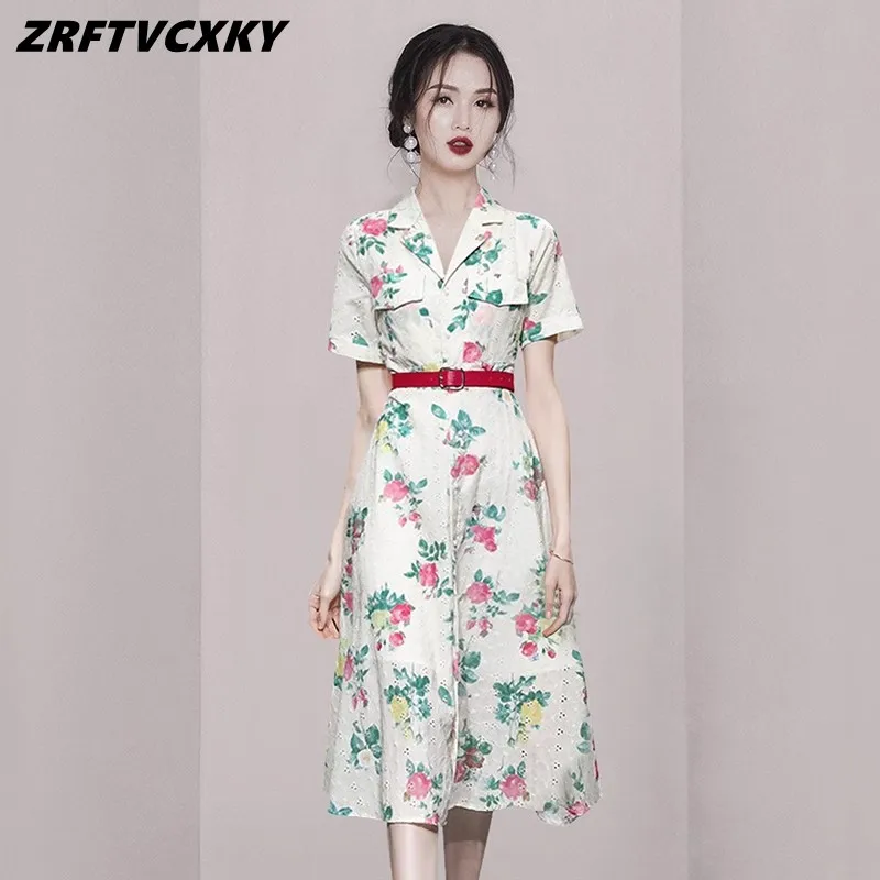 

Summer New Elegant Notched Collar Office Dresses Women's Hollow Out Embroidery Short Sleeve Casual Printing Belt Party Dress