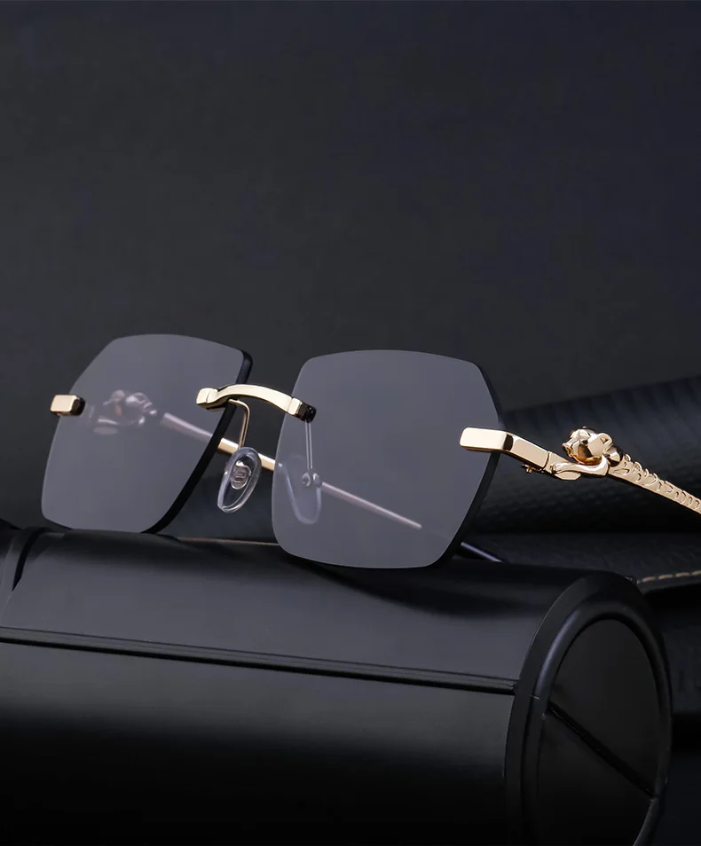 Retro Sonnenbrille Für Herren Quadratisch Randlos Leopard_voghion.com