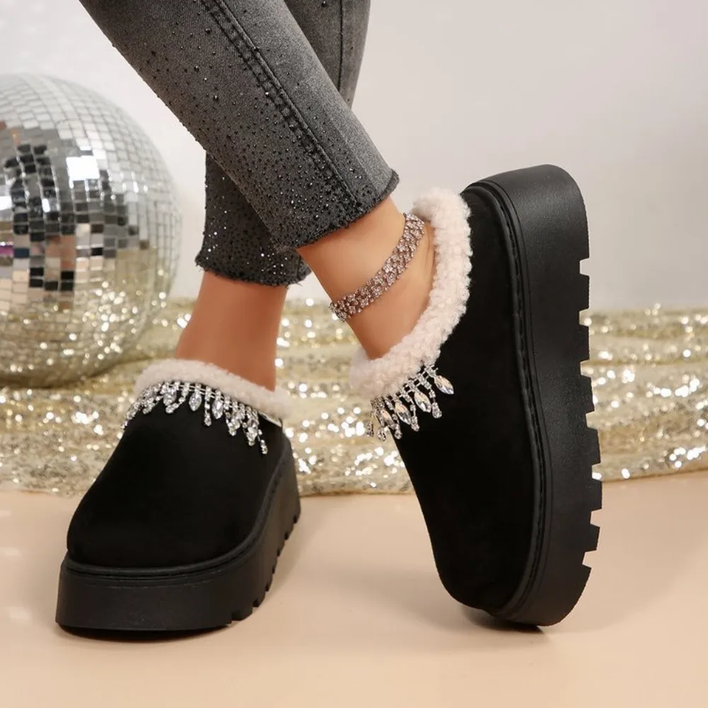 Rhinestone decoration Cotton Platform Slippers Women Autumn Winter Plush Warm Cotton Shoes Woman Plus Size Anti Slip Snow Boots