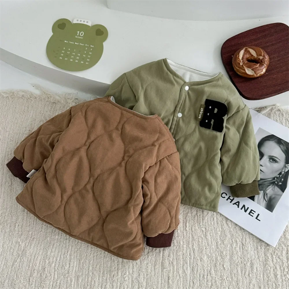 Winter New in Kids Baby Boys Thicken Plush Warm Top Outwear , Toddler Infant Patch Letter Jacket Outfits Fashion Clothing