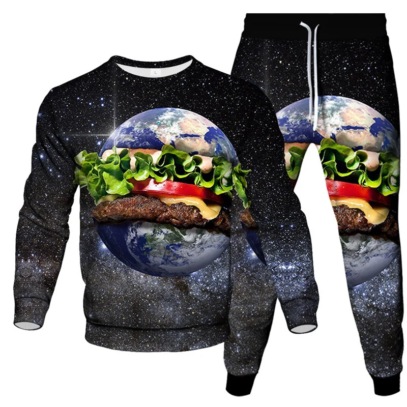 Hamburger Cucumber 3D Print Men's Sportswear Set Casual Long-Sleeved T Shirt Pants 2-Piece Set Oversized Pullover Men Clothing 2