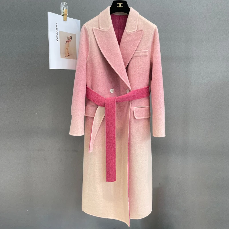 

High-end Pink Gradient Women Wool Coat Windbreaker DOuble Breasted Loose Female Lace Up Woolen Long Coat Casual Outerwear