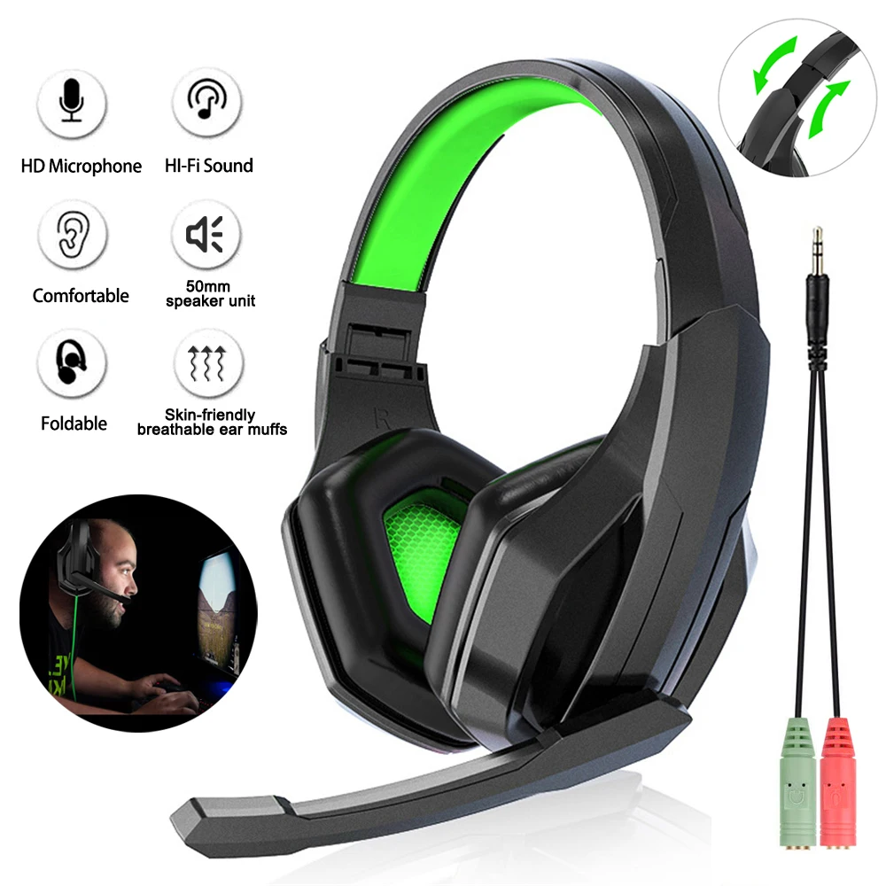 Dual 3.5mm Wired Gaming Headphones Foldable Game Headset With Mic Noise Cancelling Earphone Volume Control For PS4 PS5 PC Laptop