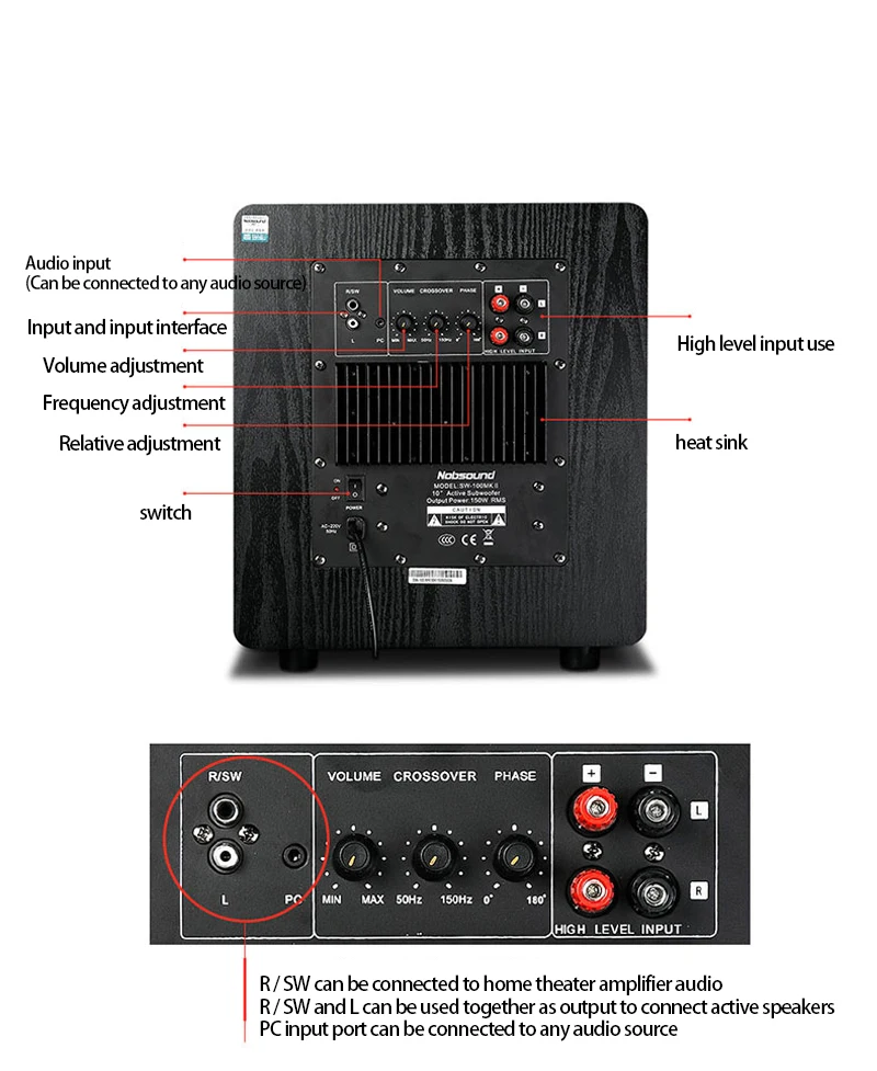 150W 4 Ohm 8~10 Inch Amplifier Speaker Subwoofer Audio Wooden Home Theater System Active Sound Speaker Subwoofer