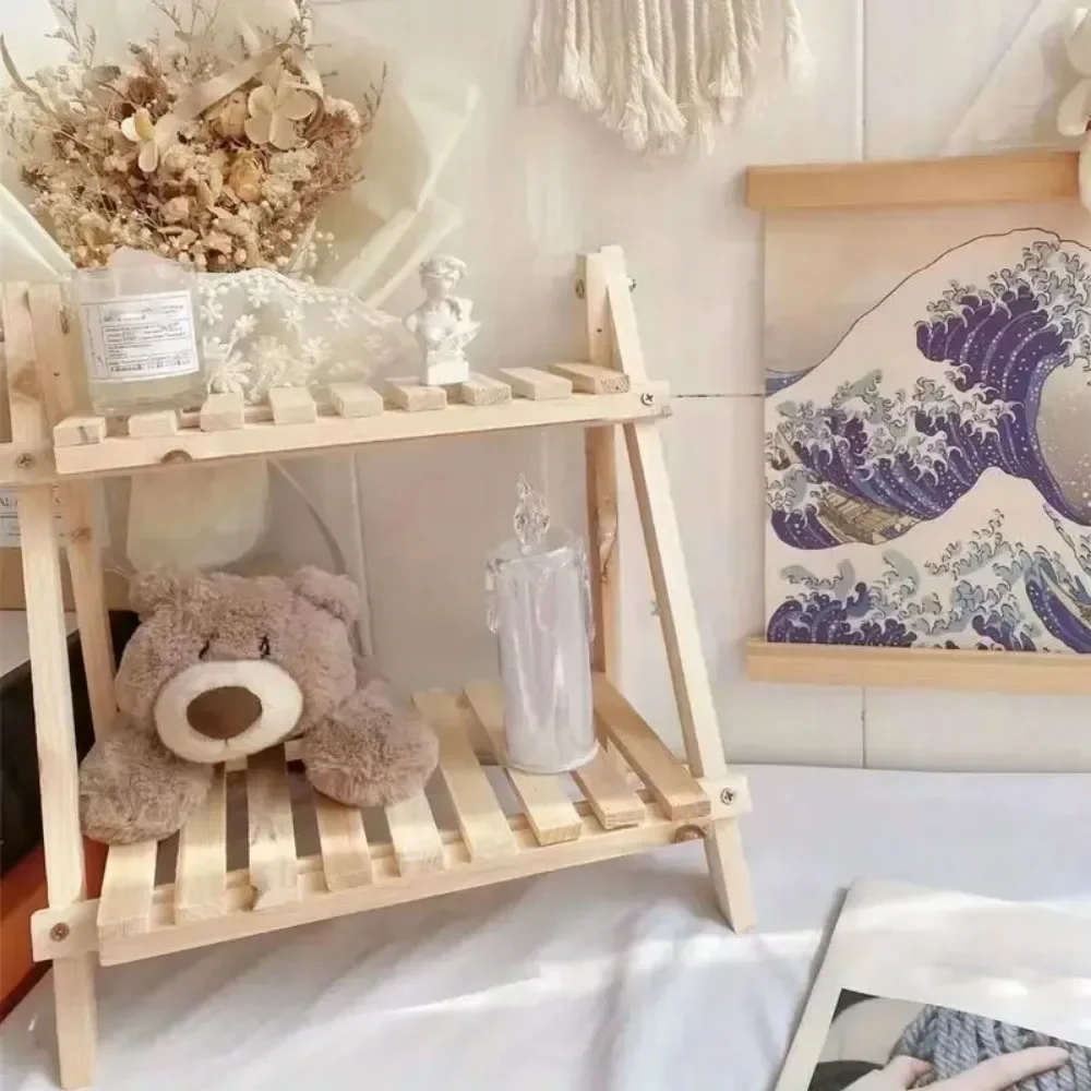 Wooden Storage Shelf 2-Tiers Desktop Organizer Shelves Trapezoidal Desk Display Racks Desktop Stationary Office Storage Racks