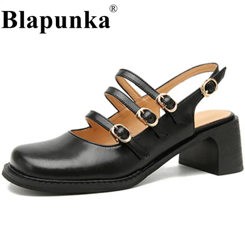 

Blapunka Women Real Cow Leather Pumps Multi-Buckle Slingback Shoes Black Beige Straps Lovely Lolita Round Toe Chunky Heels Woman