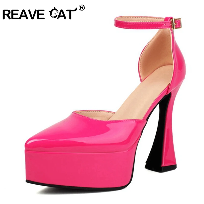 

REAVE CAT Women Pumps 4.5cm High Platform 13cm High Heel Ankle Strap Faux Patent Leather Pointed Toe Sexy Big Size 44 45 46 47