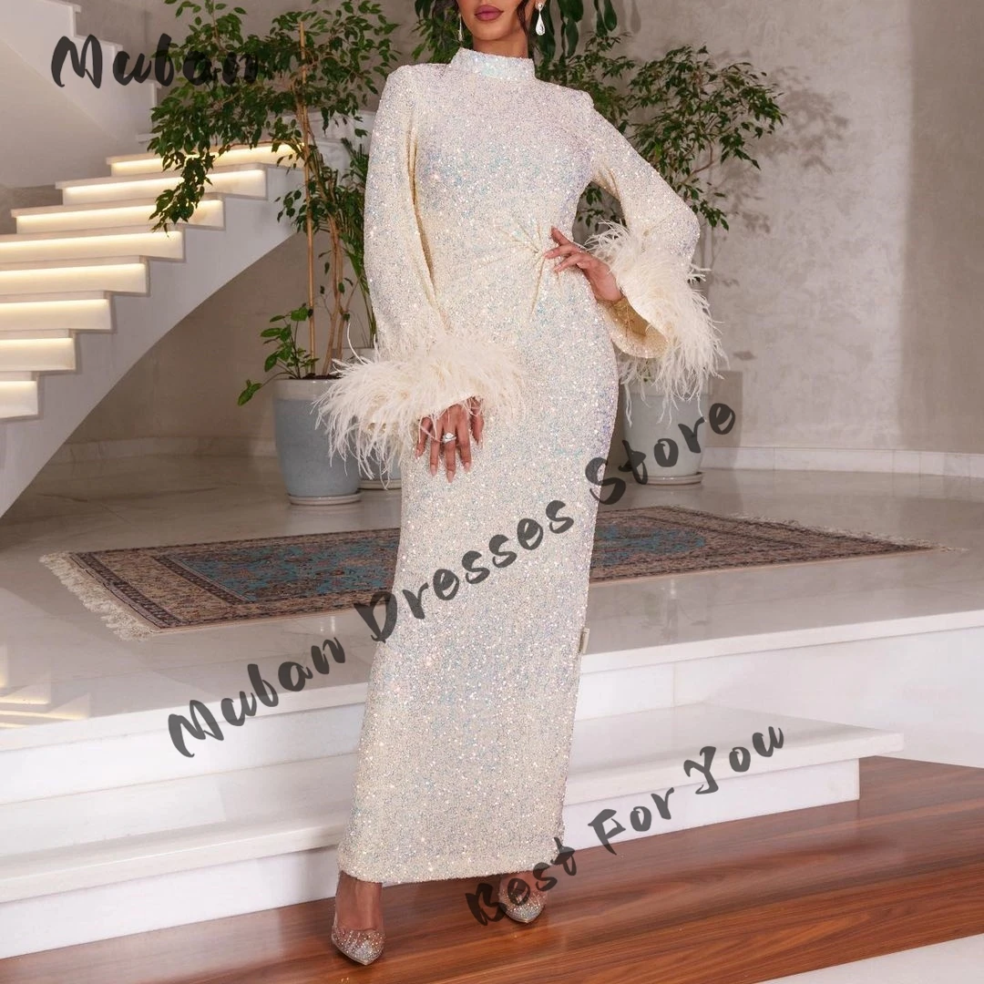 

Shiny Sequin Feathers Long Sleeves Prom Dresses Ankle-length Elegant Wedding Party Gown Formal Evening Dress