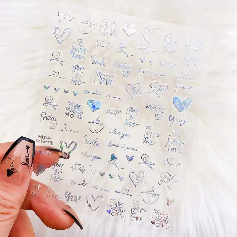 Nail Stickers 6Pcs/Pack Laser Gold Silver 3D Love Heart Letter Image Ins Style DIY Foils Accessories