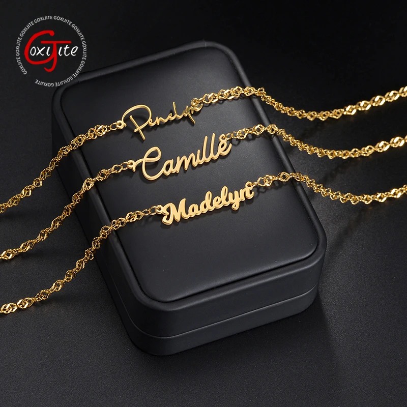 

Goxijite Customized Name Necklace For Women Stainless Steel Personalized Initial Letter Nameplate Water-Wave Link Chain Gift