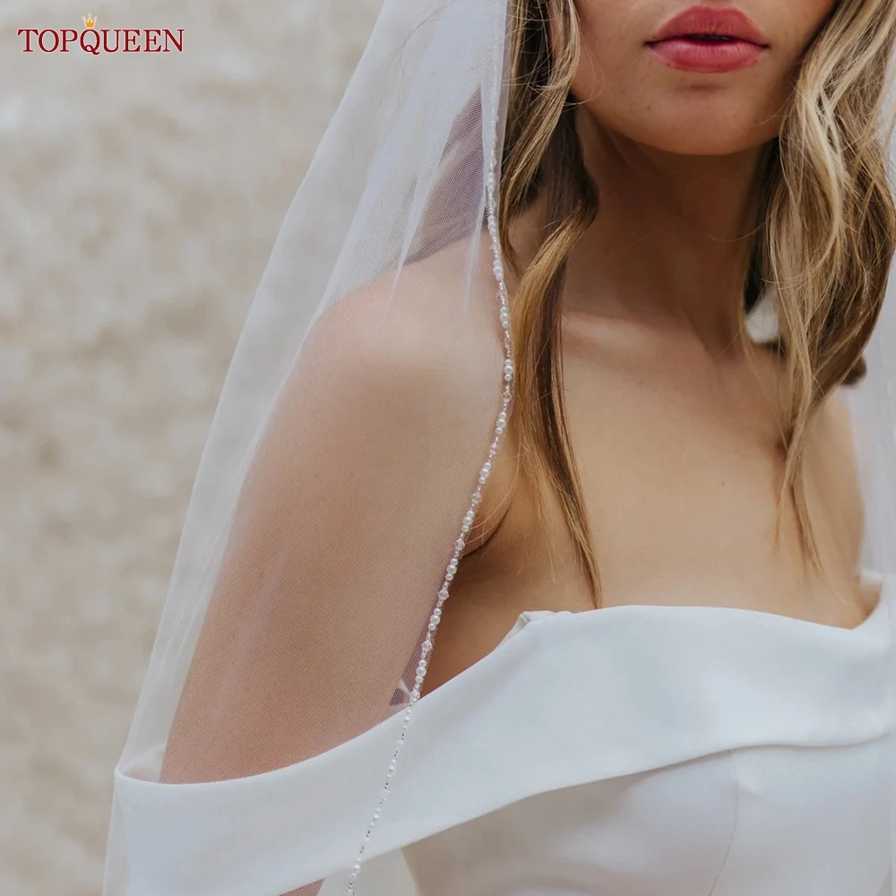 TOPQUEEN V107 Long Bridal Veils Crystal Beaded Wedding Veil with Crystal Edge 1 Tier Super Soft Bride to Be Veil Short free shipping real photos 3m white ivory cathedral length lace edge wedding bridal veil with comb wedding accessories