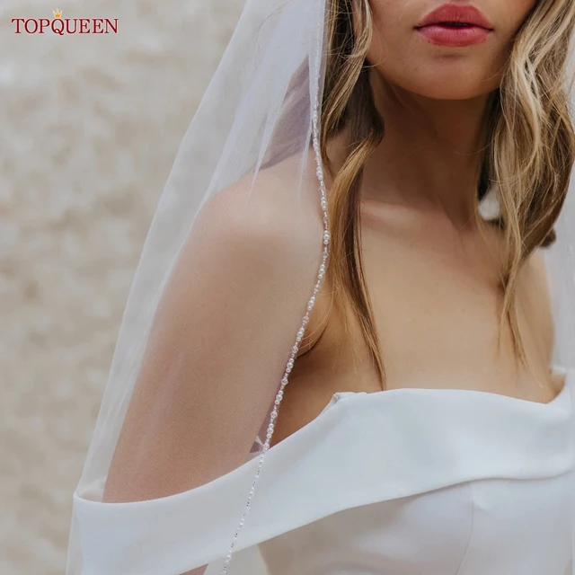 TOPQUEEN V107 Long Bridal Veils Crystal Beaded Wedding Veil with Crystal Edge 1 Tier Super Soft Bride to Be Veil Short 1