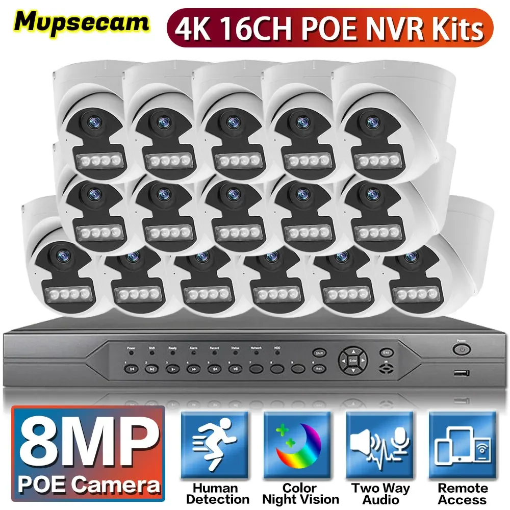 

H.265+ 16CH 4K POE NVR Kit CCTV System 8MP HD Two Way Audio Indoor Outdoor Colorful Night Vision Surveillance Camera system P2P