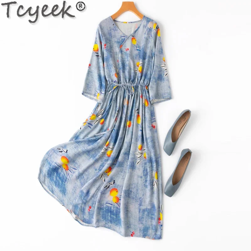 

70% Tcyeek Mulberry Silk for Women Clothes Spring Summer Midi Dress 2024 Elegant Women's Dresses Print Vestido Feminino
