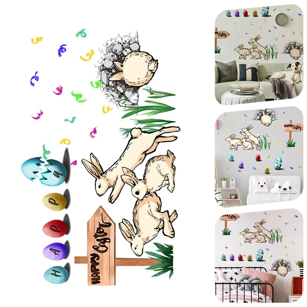 1 Set Easter Bunny Designed Wall Sticker Cartoon Style Background |