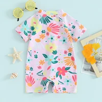 Toddler Girls Rash Guard Swimsuit Rompers Zipper Short Sleeve Floral Print Kids Bathing Suit Baby Swimwear 4
