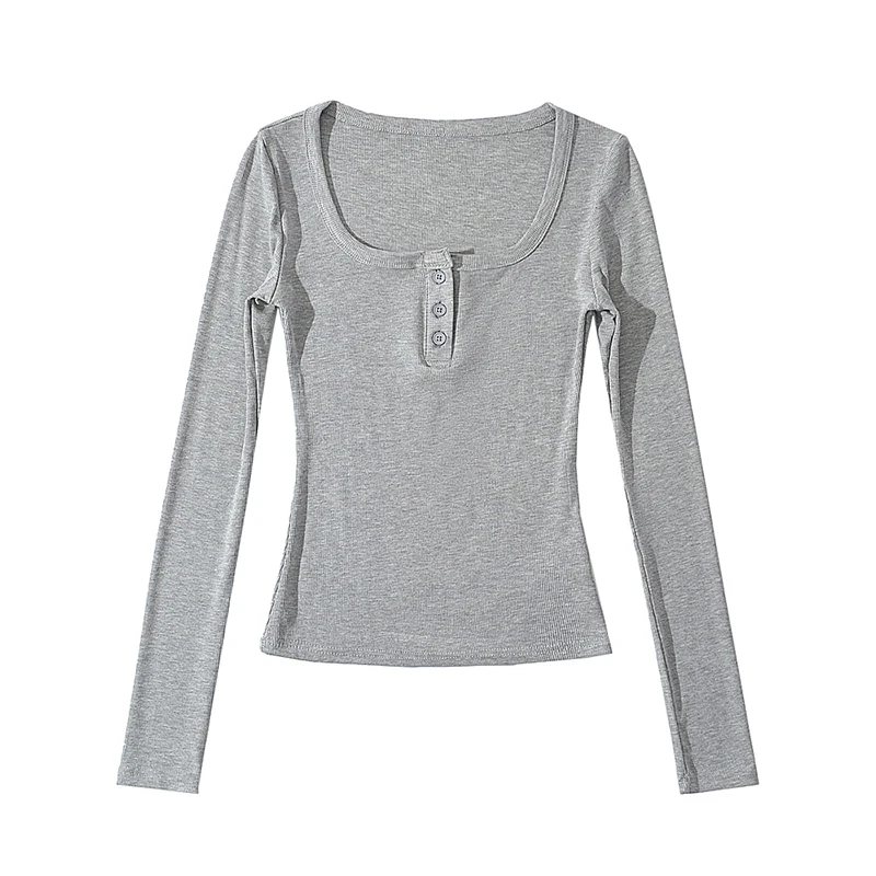 Sun-imperial Square Neck Long Sleeved Fitted T-shirt With Buttons Detail