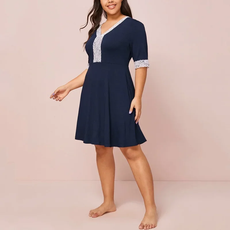 Plus Size Lace Panel Short Sleeve Summer Elegant A-line Dress V-neck Fit And Flare Casual Dress Large Size Beach Dress 7XL 8XL