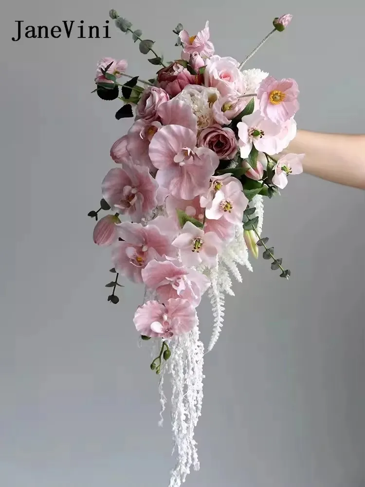 JaneVini Romantic Pink Cascading Flowers Waterfall Bridal Bouquets Artificial Silk Roses Real Touch Korean Bride Wedding Bouquet