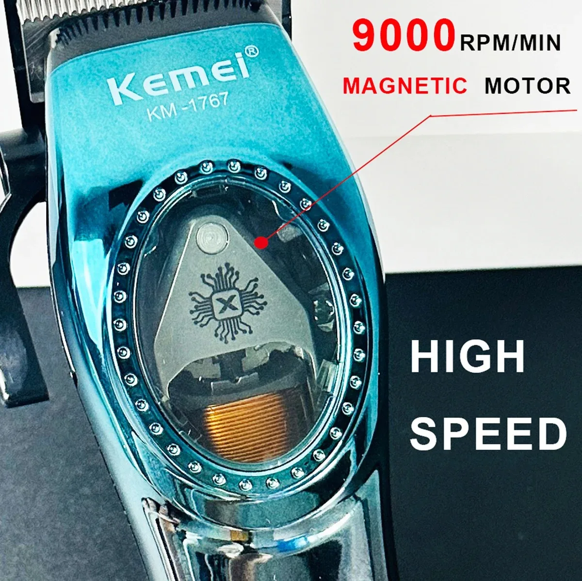 전문 전기 헤어 클리퍼, 9000RPM 마그네틱 모터, DLC 블레이드, 세라믹 무빙 블레이드, 그라디언트 트리머, KM1767 이발소
