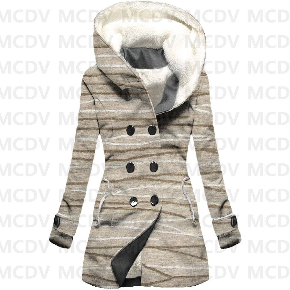 Retro Stripe 3D Printed Fleece Hooded Cloak Women Thick Warm Coat Women's Winter Warm Overcoat Casual Clothes