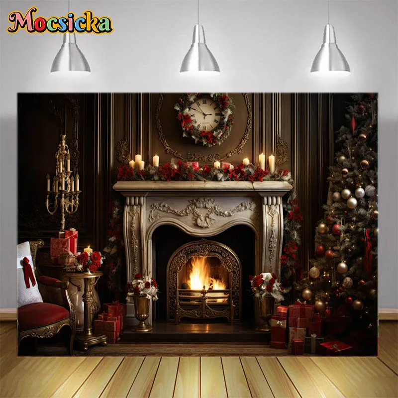 

Mocsicka Photography Backdrop Luxury Beige Winter Christmas Fireplace with Trees and Wreath Kids Adult Portrait Photo Studio